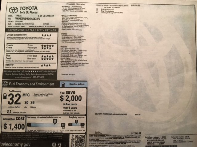 Toyota Yaris Monroney Window Sticker