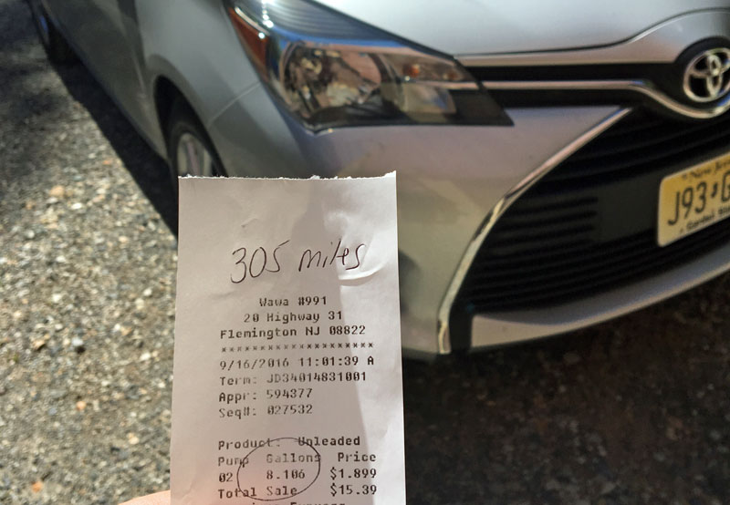 The Toyota Yaris got 38 MPG on my recent road trip.