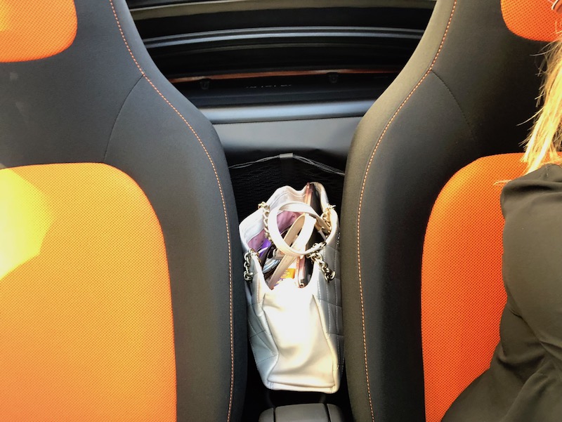 A perfect place for my handbag, right between the seats in the Smart ForTwo Electric Car