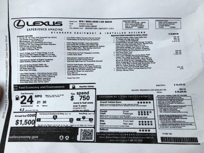 2018 Lexus ES 350 luxury sedan