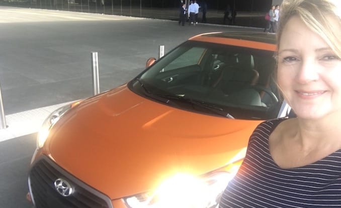 A Girls Guide to Cars | Living Life Like a Californian in the 2017 Hyundai Veloster Turbo Sport Compact - Me with the Veloster at Hyundais HQ feature image