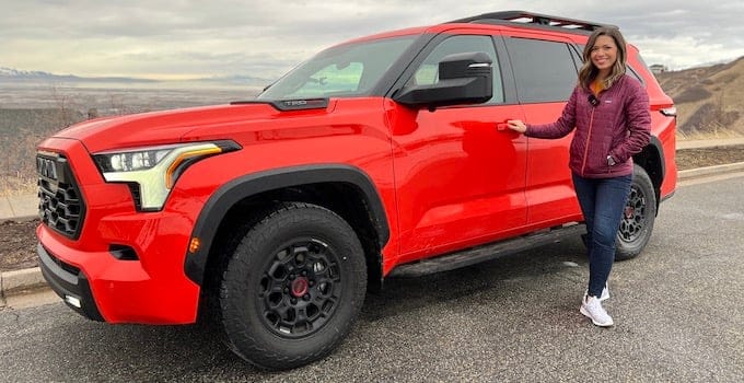 The rugged-looking 2023 Toyota Sequoia TRD Pro will certainly stand out on the road — especially in the Solar Octane orange color. Photo: Allison Bell