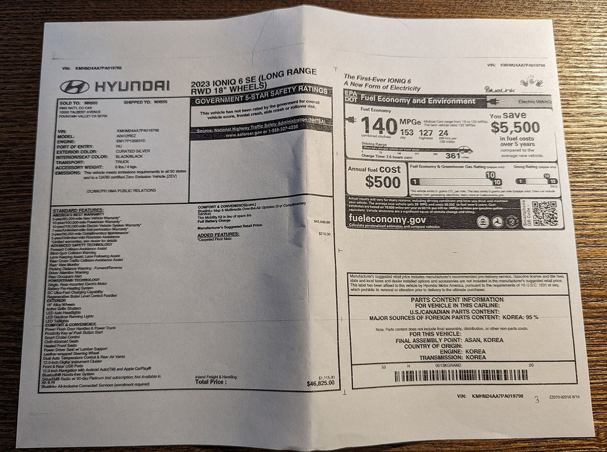 The Hyundai Ioniq 6 Monroney