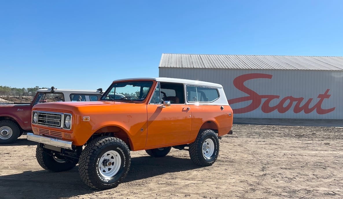 Meet Scout, the Electric Car Brand That Will Be Your Next Must-Have SUV 7 A heritage Scout stands on the building site of the new assembly plant.