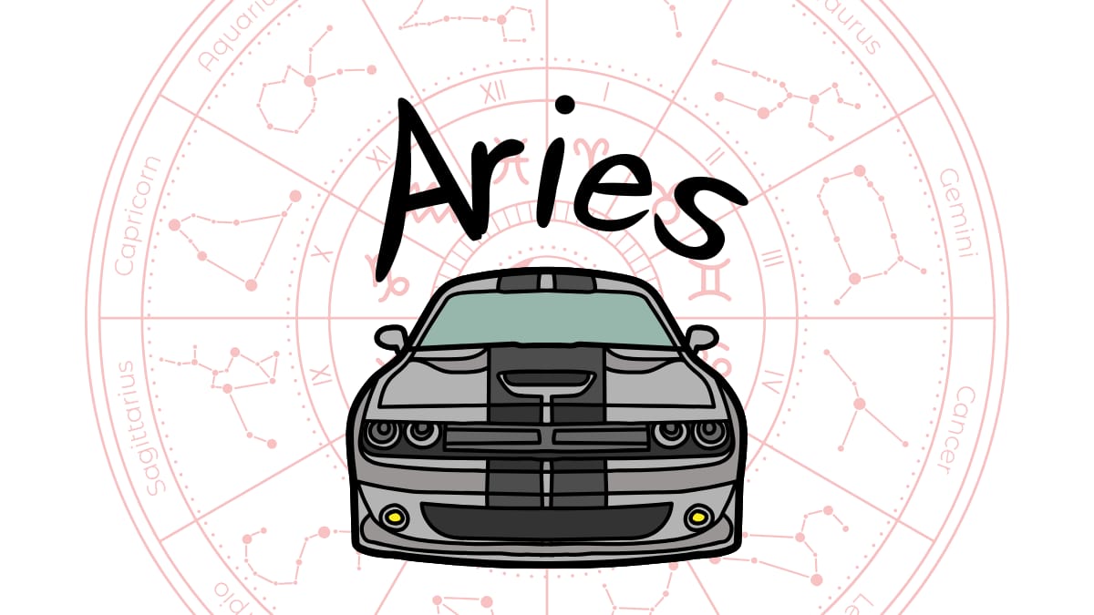 The Star Sign, Aries, With A Muscle Car Graphic On The Middle Astrology Sign