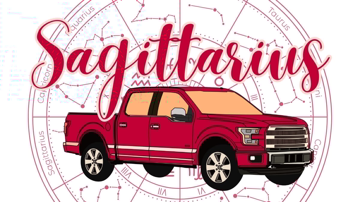 The Word &Quot;Sagittarius&Quot; Over A Pickup Truck Astrology Sign