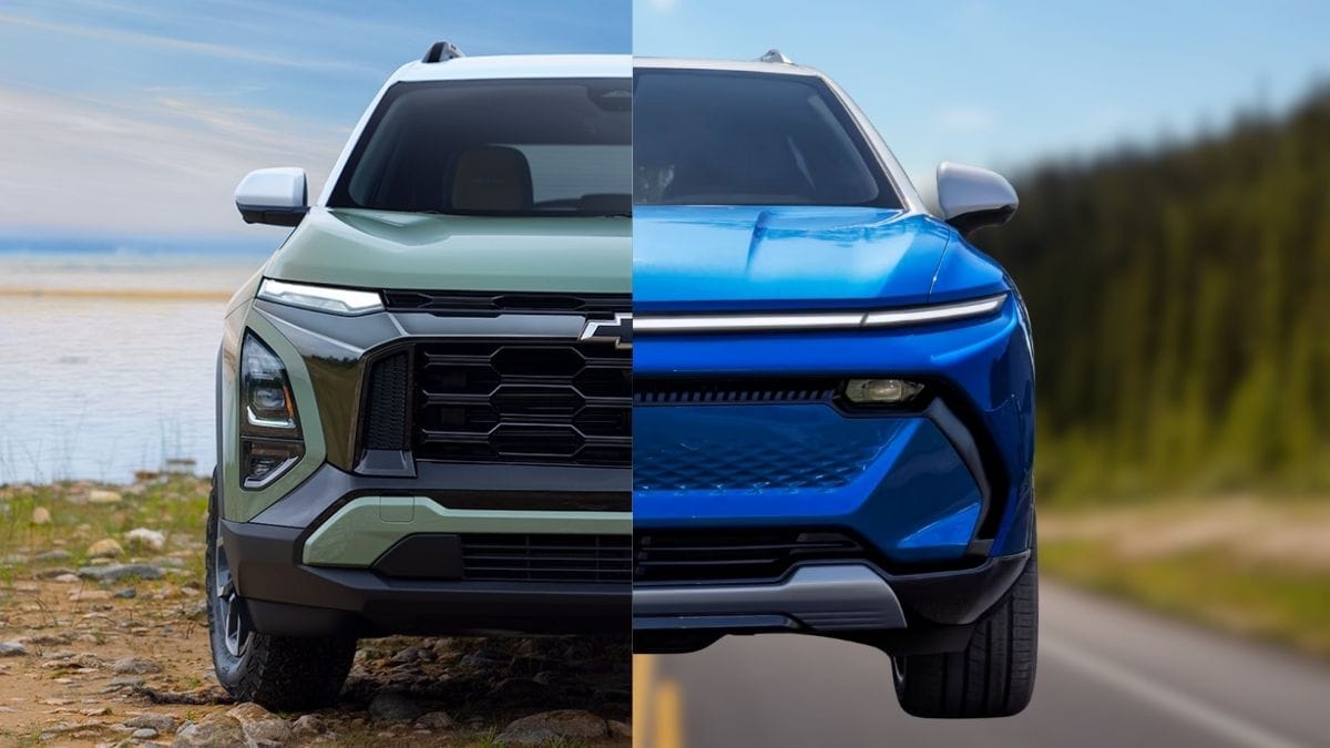 The front ends of the 2025 Chevy Equinox, the left being the gas-only version and the right being the EV version