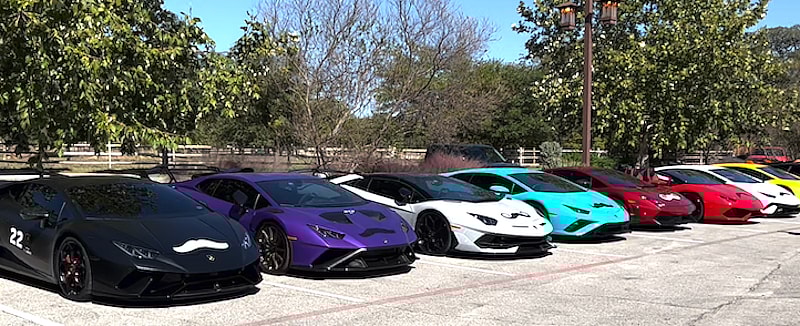 The candy color array of mustachioed Lamborghinis