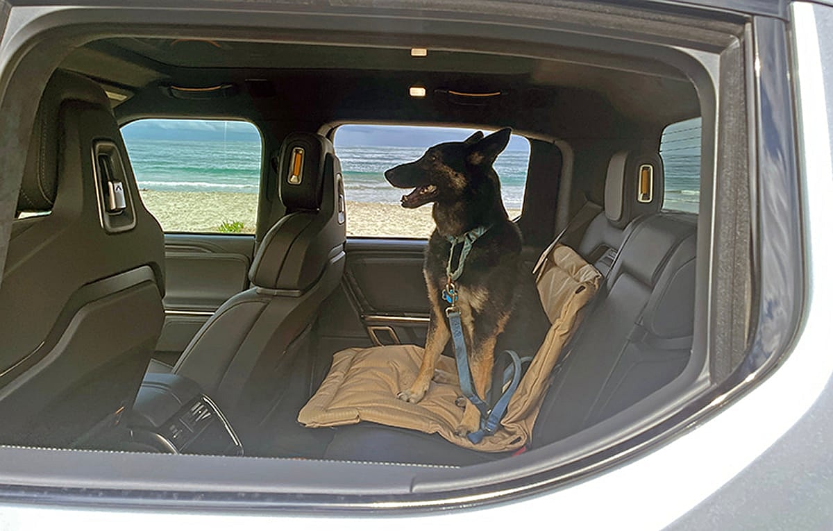 Rivian's cabin climate control keeps pets safe and comfortable in cab. Photo: Kymri Wilt