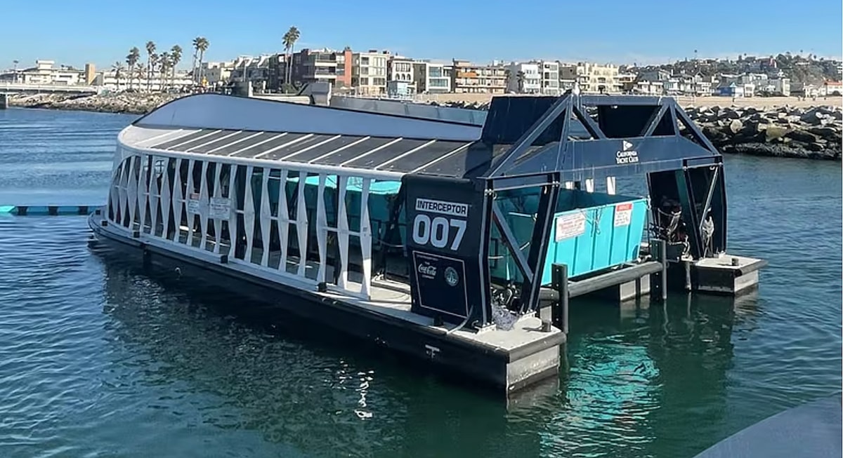 The Ocean Cleanup Interceptor 007 at Ballona River mouth in Los Angeles.