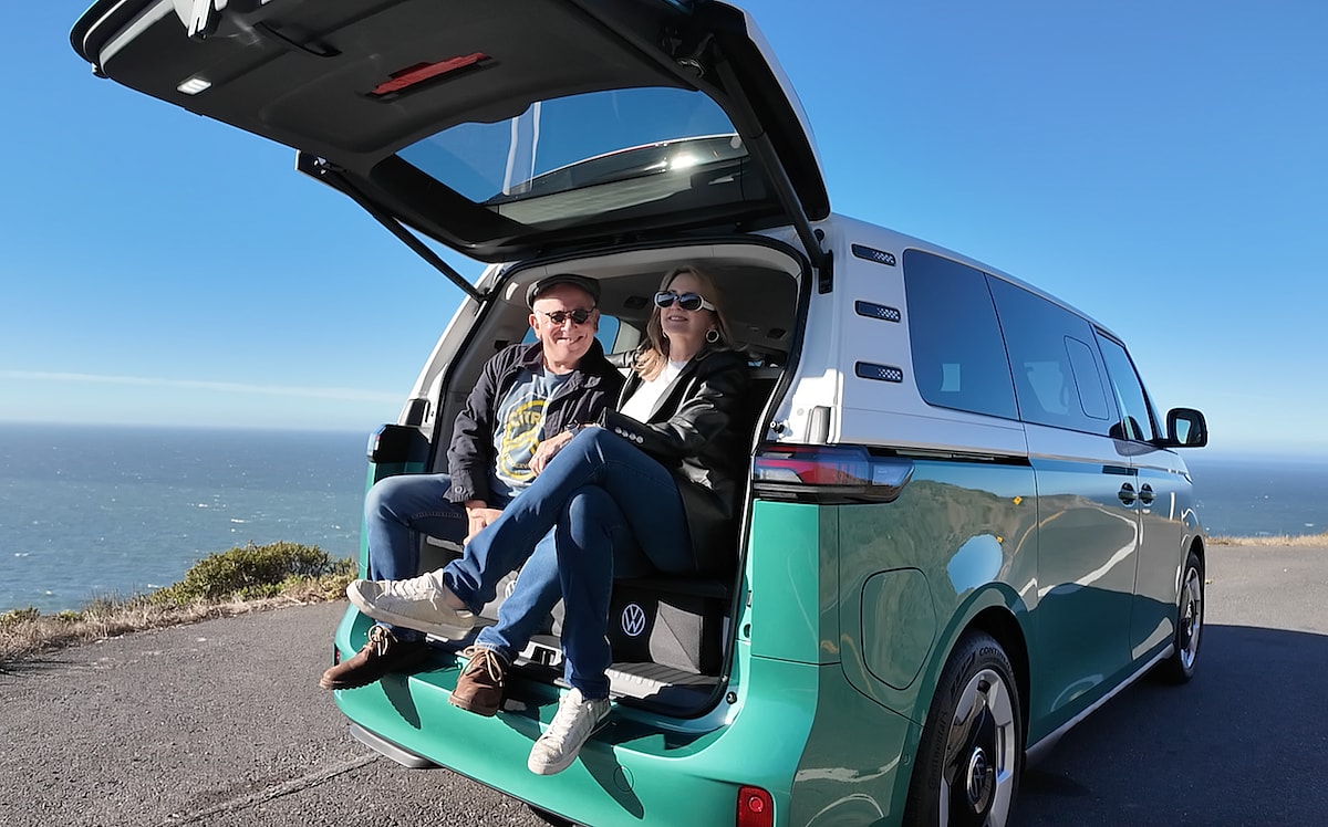 Taking in the view from the 2025 VW ID Buzz with fellow traveler Jamie Kitman one of the best cars on the road