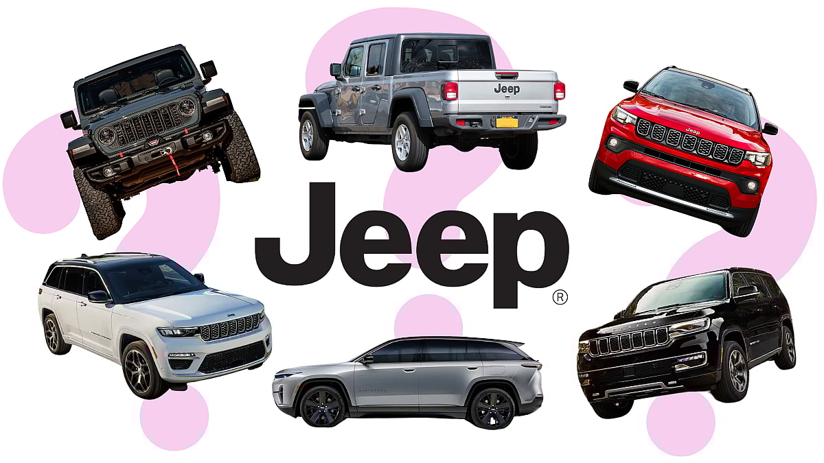 All six Jeep models circling the Jeep logo with pink question marks as the background