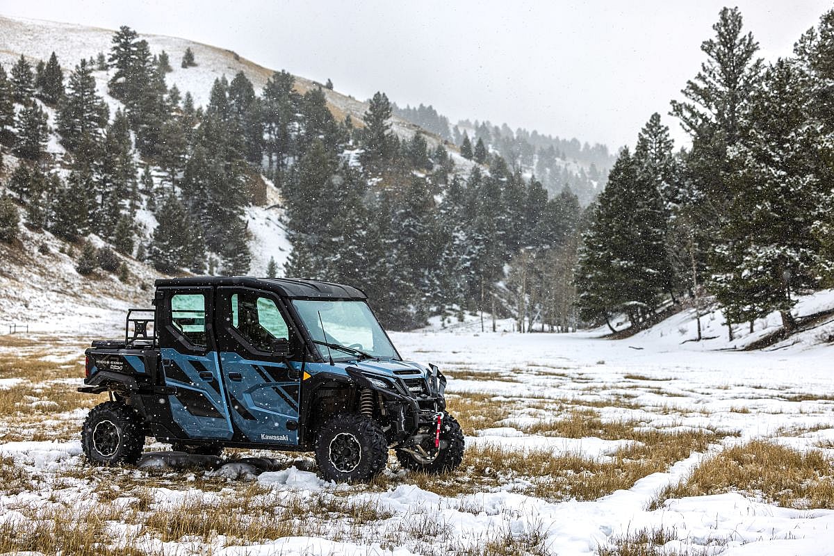 The 2025 Kawasaki Ridge Crew ATV in the snow