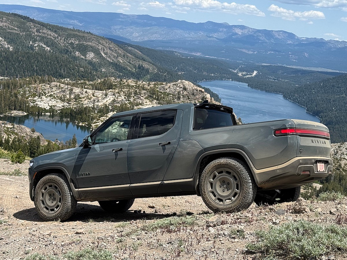 The Rivian R1T Quad at the top of the ski mountain