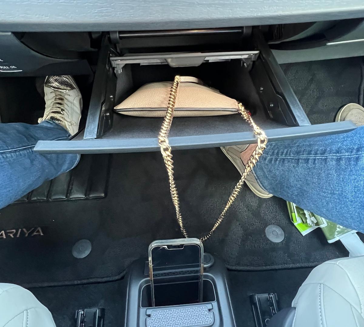 Nissan Ariya Console Drawer Is A Great Place For A Handbag