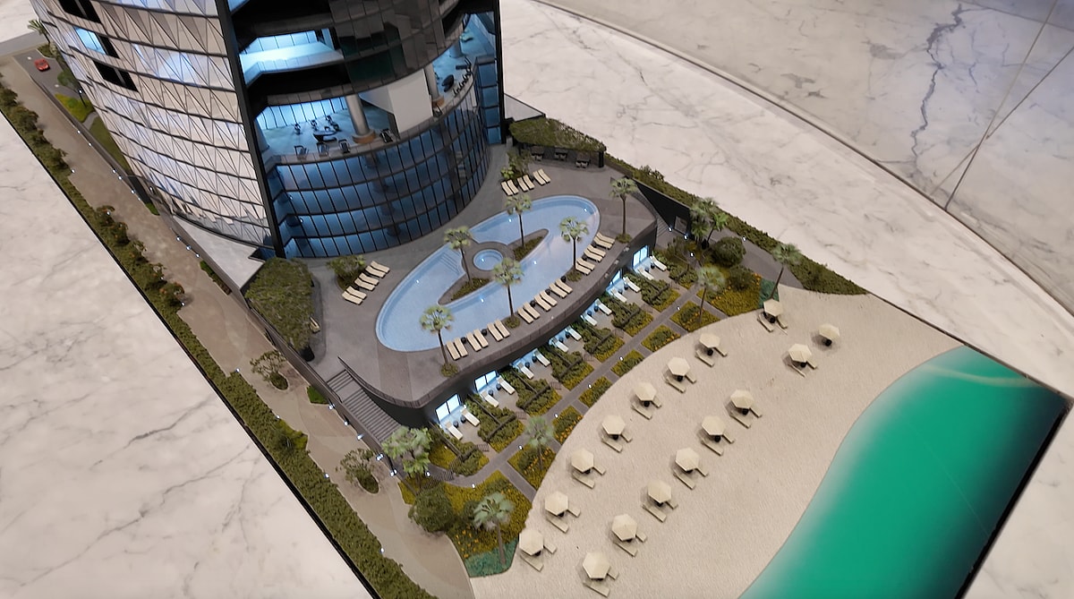 This Scale Model Shows The Pool Deck And Beach Access At The In The Bentley Residences