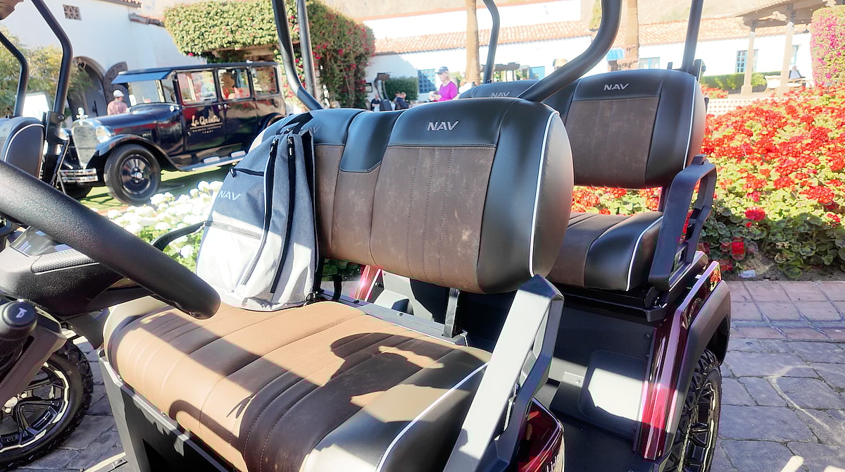 On The Nav 4E Limited, The Two-Toned Leatherette Kawasaki Nav 4E Electric Cart