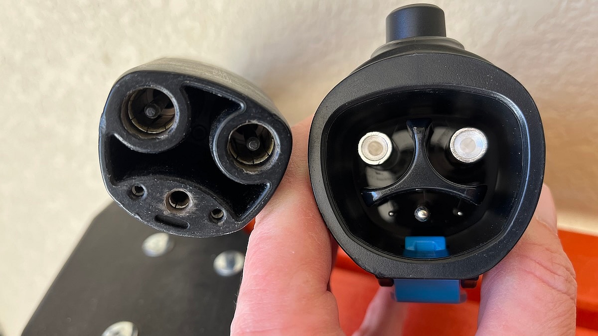 EV Charging Hiccups Remedied by Home Charge Adapters 4 End Of The Tesla Connector And The Nacs End Of The Adapter. Photo: Sara Lacey