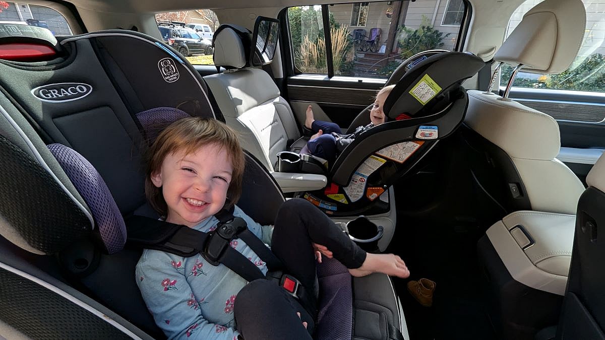 My Two Toddler Daughters In Their Car Seats Enjoying The 2024 Hyundai Santa Fe