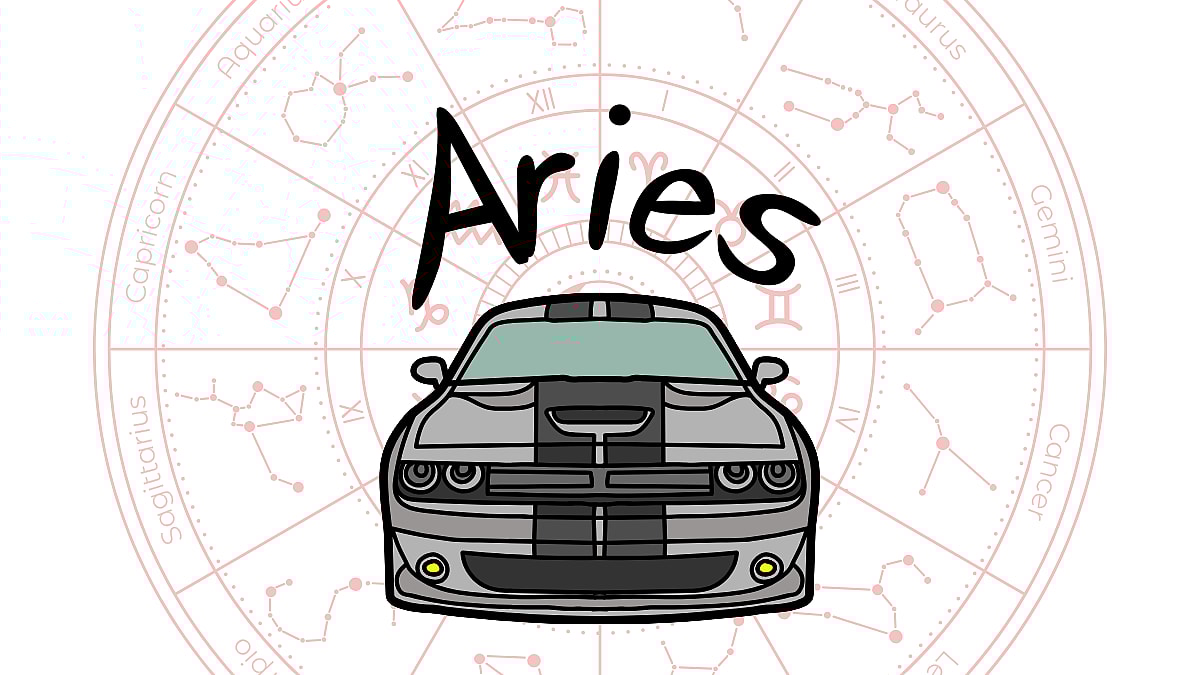 The Star Sign, Aries, With A Muscle Car Graphic On The Middle Astrology Sign
