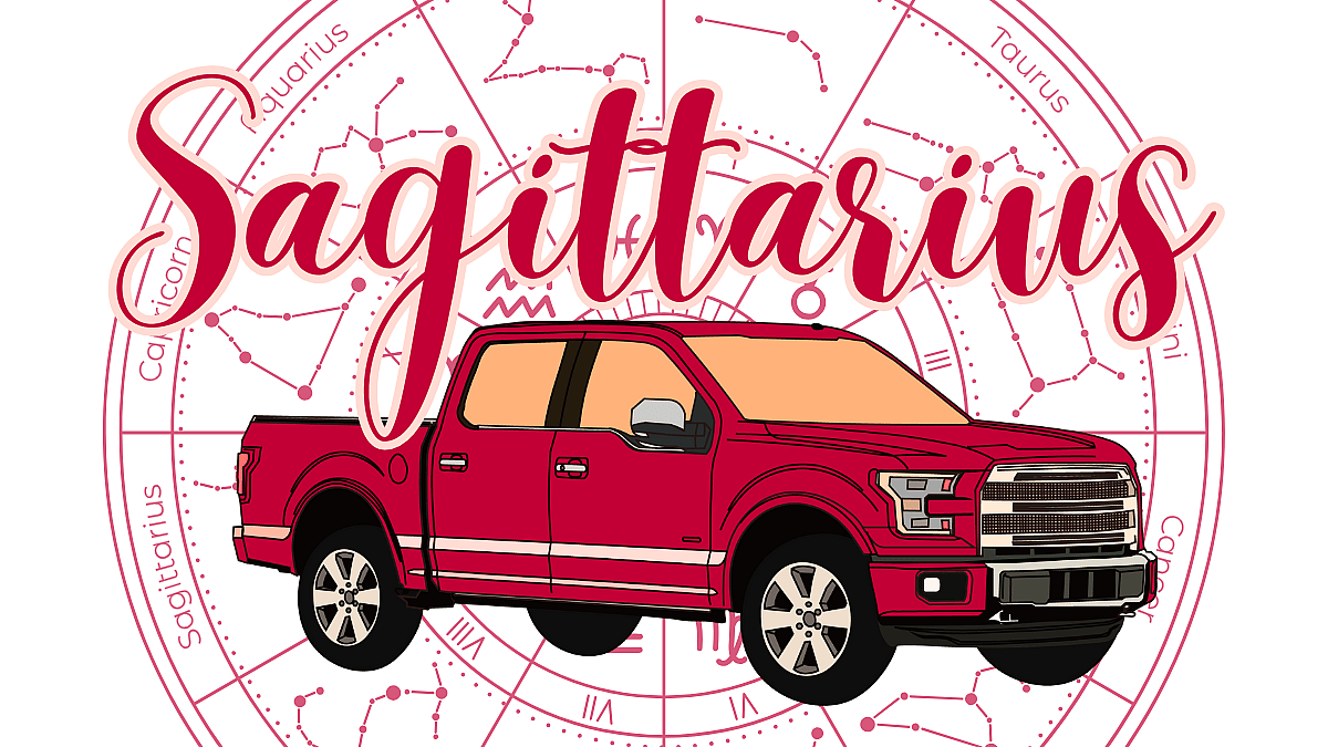 The Word &Quot;Sagittarius&Quot; Over A Pickup Truck Astrology Sign