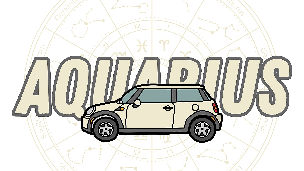 The Word &Quot;Aquarius&Quot; Next To A Graphic Resembling A Mini Cooper Astrology Sign