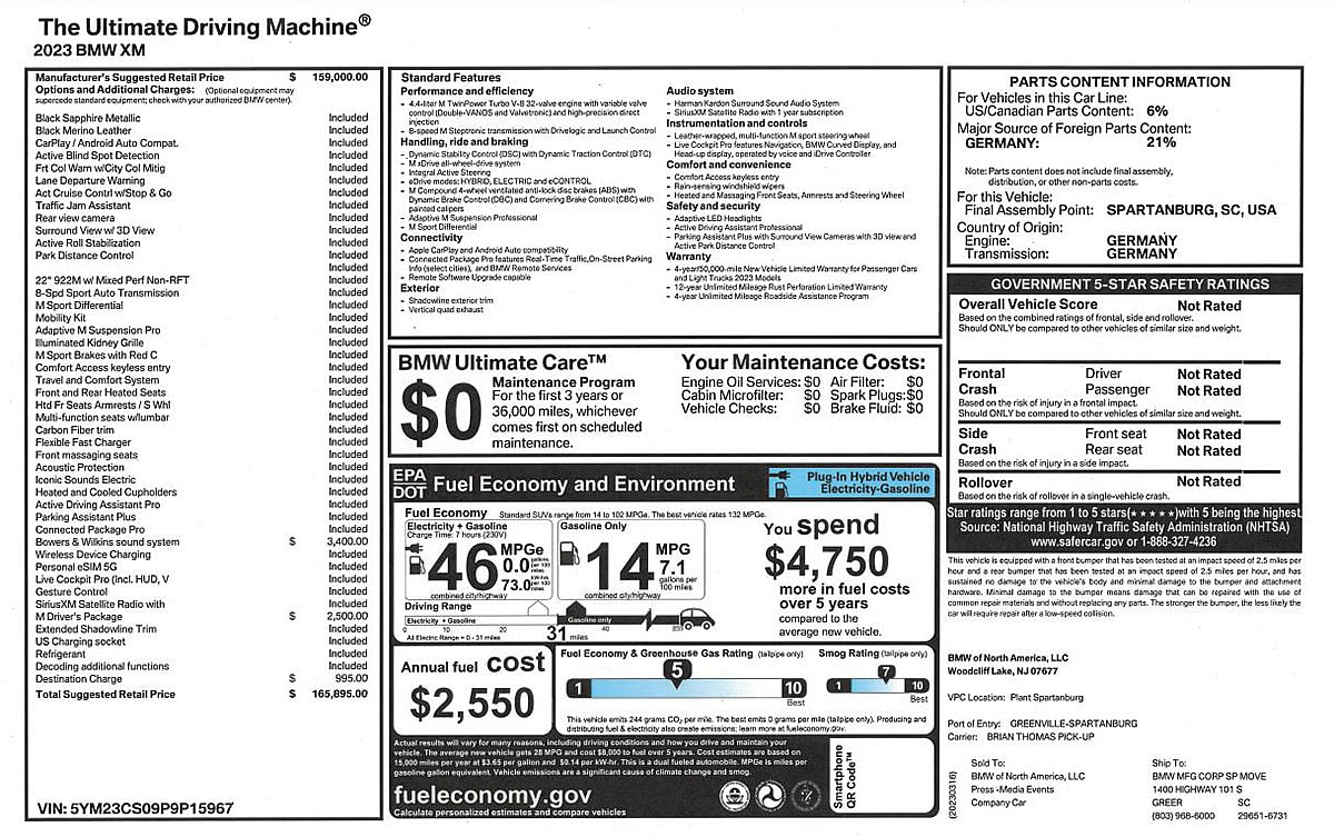 The 2023 Bmw Xm Monroney. Photo: Bmw Usa