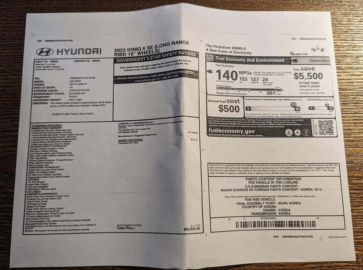 The Hyundai Ioniq 6 Monroney