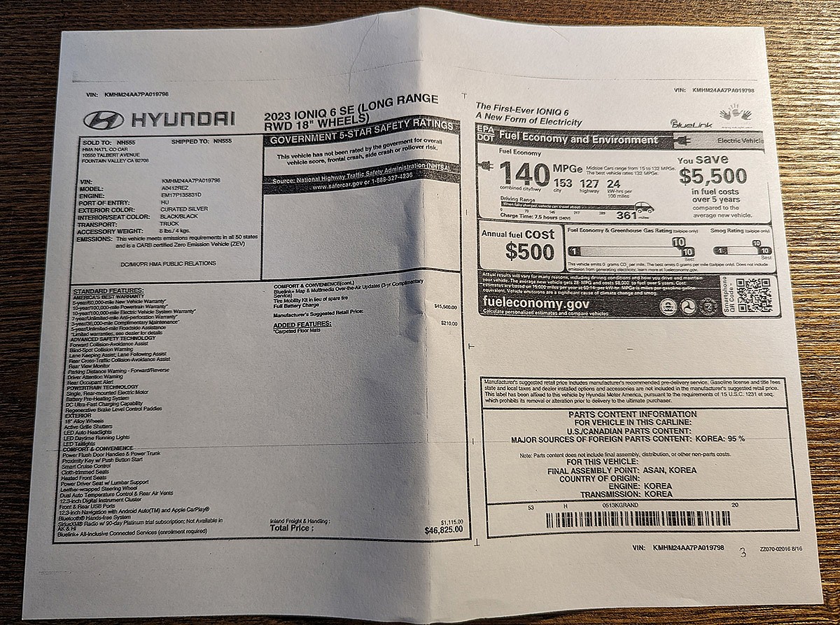 The Hyundai Ioniq 6 Monroney