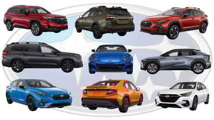 All Nine Subaru Vehicles Lined Up With The Company Logo As The Background