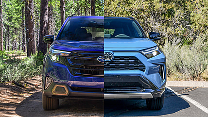 The Front End Of The 2025 Toyota Rav4 Hybrid And The 2025 Subaru Forester Hybrid
