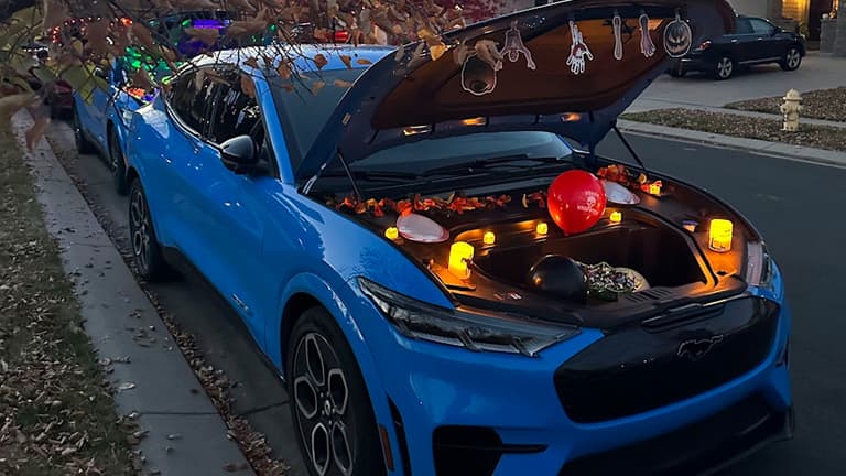 Trunk or Treat: Take Halloween On The Road —And Where To Find a Local T-or-T Event 3 Erin Lewis Started Her Night With No Idea That Her Mach-E, Kestrel, Would End Up Decorated In A Frunk Or Treat Event! Photo: Patrick Anderson.