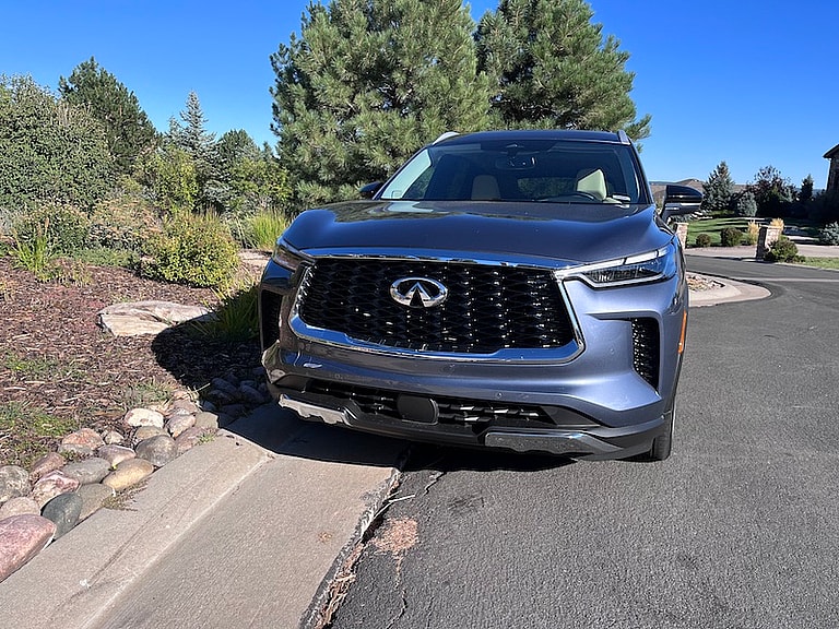 2022 Infiniti Qx60 Front Angle In Its Moonbow Blue Paint Color. Photo: Sara Lacey
