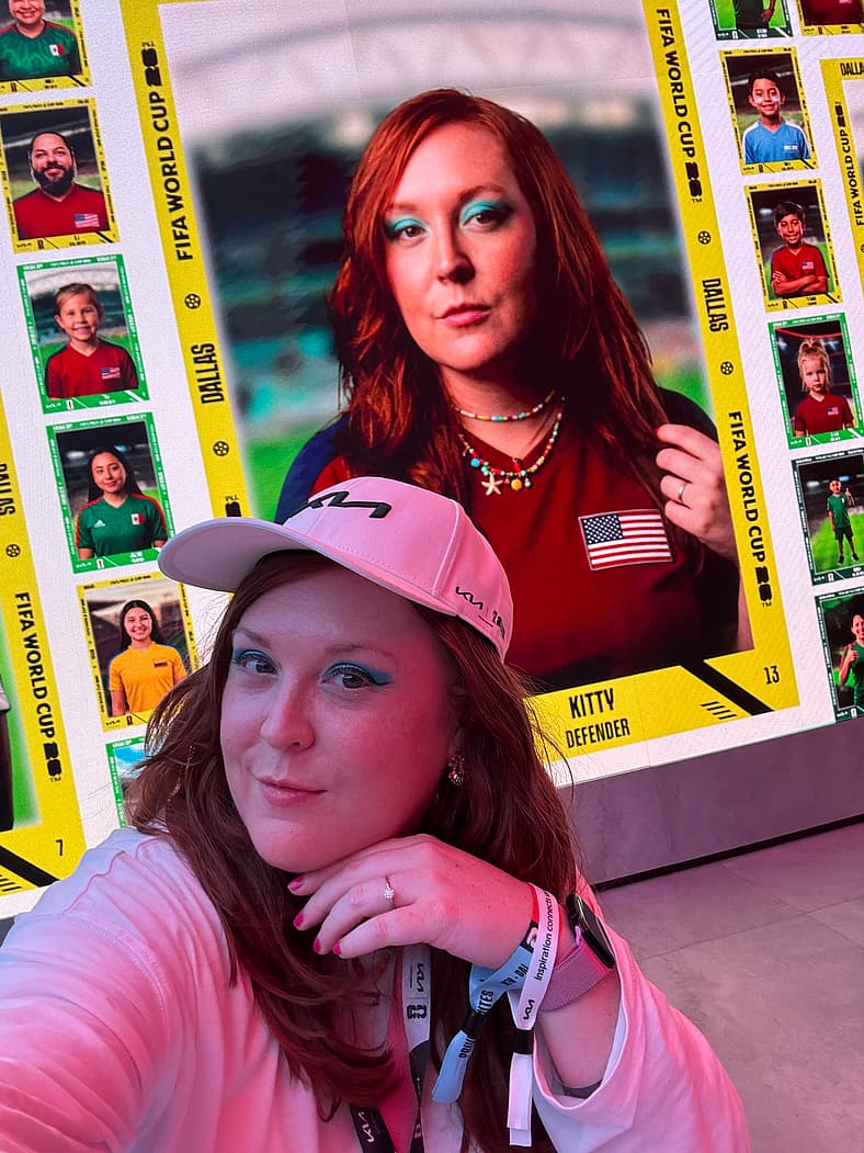 Natalie Standing In Front Of The Custom Player Card At The Fifa World Cup Event