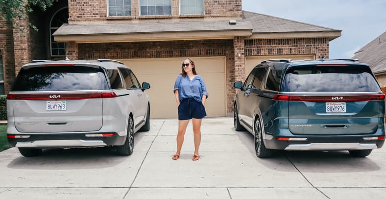 Me Standing With Both Of Our Minivans Celebrating Mother'S Day