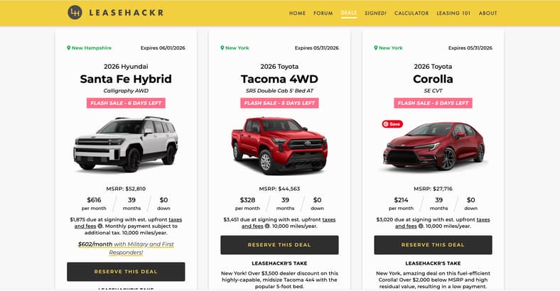 A Screenshot Of Current Deals On Leasehackr