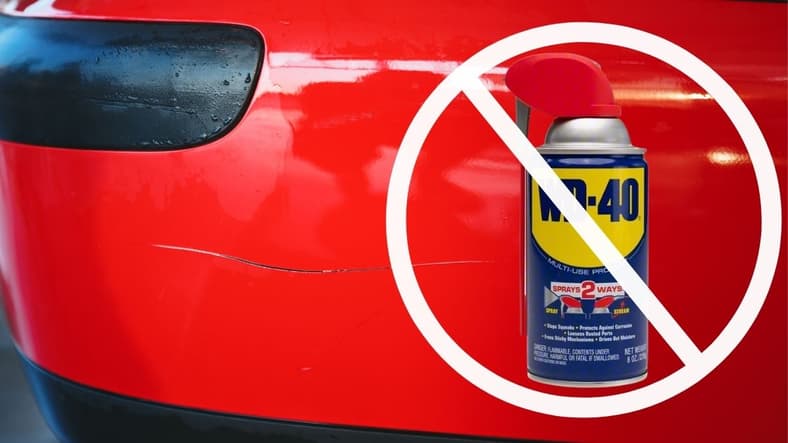 A Car'S Scratched Bumper With A Can Of Wd-40 Crossed Out