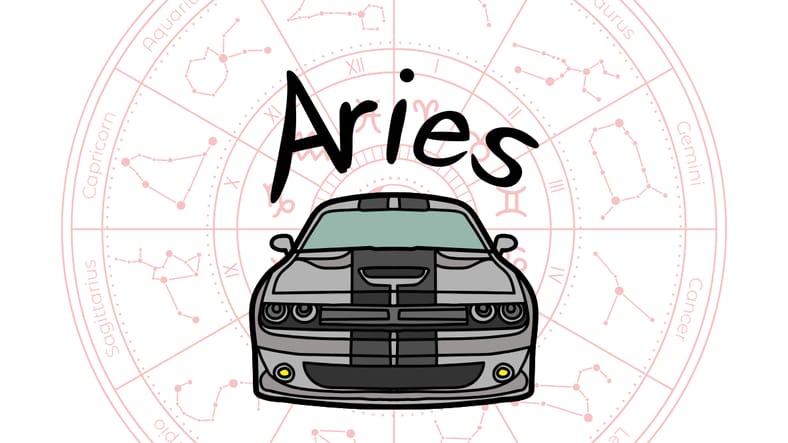 Drive Your Destiny: The Best Cars for Each Astrology Sign 3 The Star Sign, Aries, With A Muscle Car Graphic On The Middle