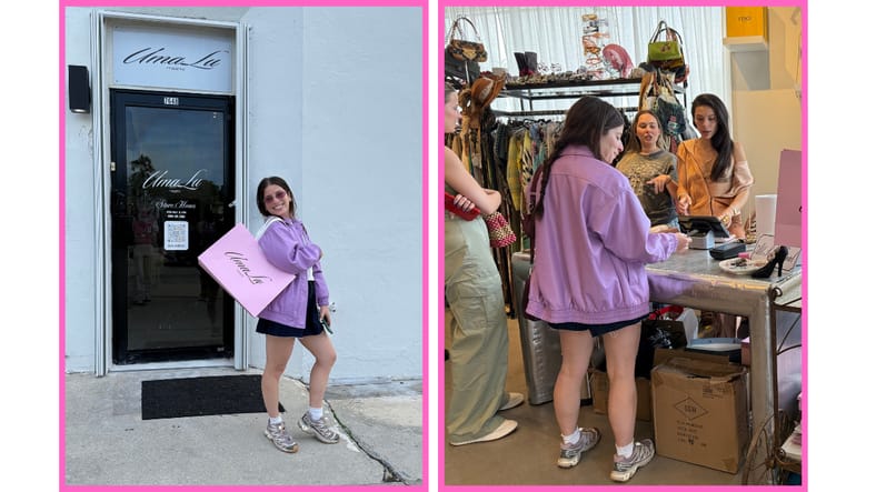 A Woman Holding A Dress From A Vintage Boutique, And Alex Standing By A Lamborghini