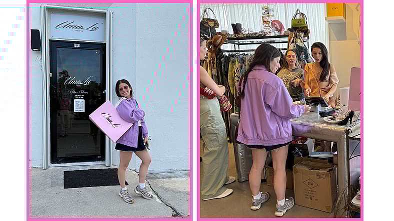 A Woman Holding A Dress From A Vintage Boutique, And Alex Standing By A Lamborghini