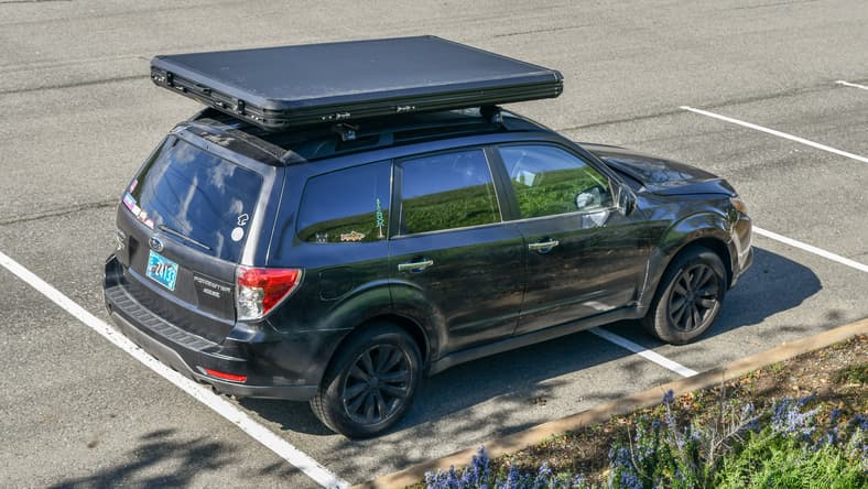 A Top-Down View Of A Rooftop Tent On Top Of My 2011 Subaru Forester