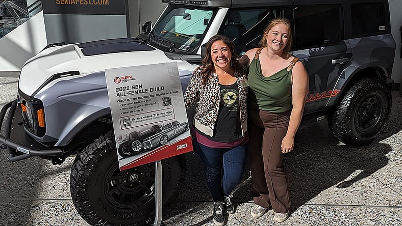 What Drives Her: The Unlikely Automotive Careers of Sara Morgan and Melanie Hellwig 1 Annika Carter With Sara Morgan And The Female Build Bronco At The 2023 Sema Show