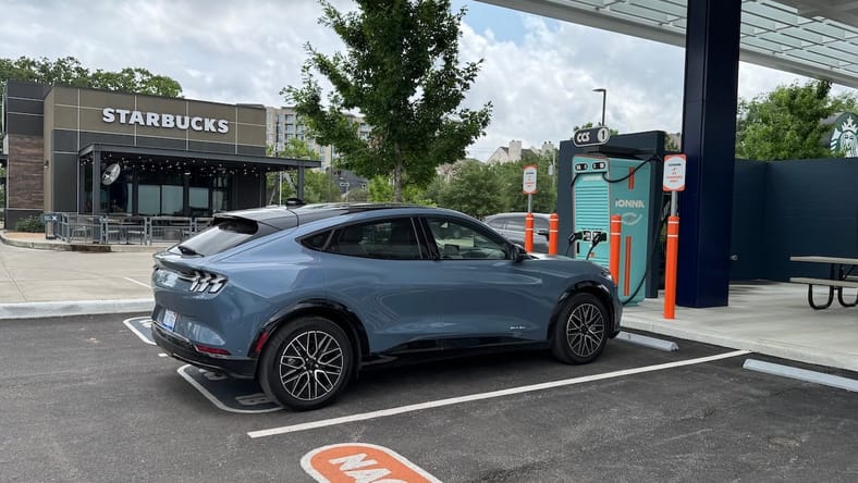 I Took a Solo Road Trip in the Mustang Mach-E Using Public EV Chargers. This is How It Went 2 The Houston Ionna Station Is Right Next To A Starbucks