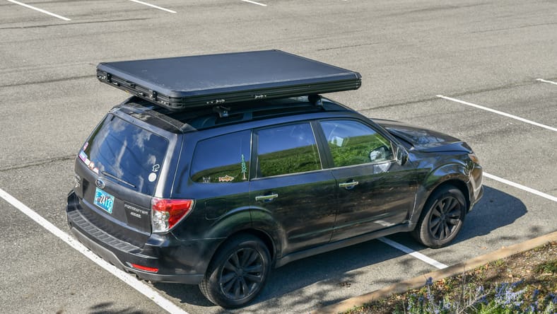 5 Things to Keep in Mind Before Putting a Rooftop Tent on Your Car 2 A Top-Down View Of A Rooftop Tent On Top Of My 2011 Subaru Forester