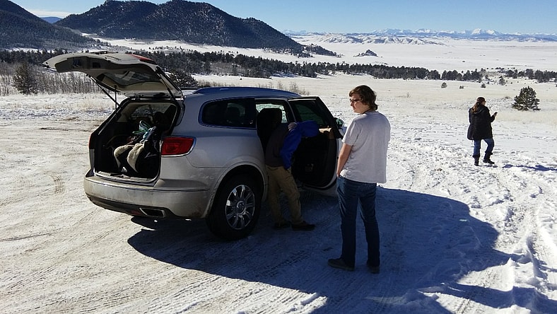 Kids And Cold Weather Gear Packed Into The Car For A Day Spent In The Mountains.