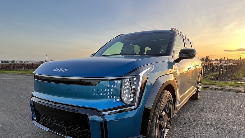 The Front End Of The Kia Ev9 Electric Vehicle