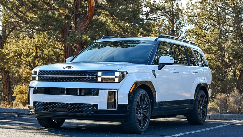 The 2024 Hyundai Santa Fe Hybrid Parked In A Shady Spot With Green Trees In The Background