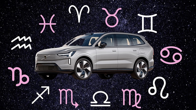 Best Cars According To Your Astrology Sign, Depicted By A Volvo Surrounded By The Astrology Signs
