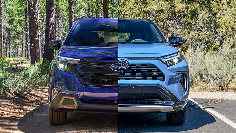 Both the 2025 Toyota RAV4 and Subaru Forester Hybrid Are Winners. But One is a Champ. 2 The Front End Of The 2025 Toyota Rav4 Hybrid And The 2025 Subaru Forester Hybrid