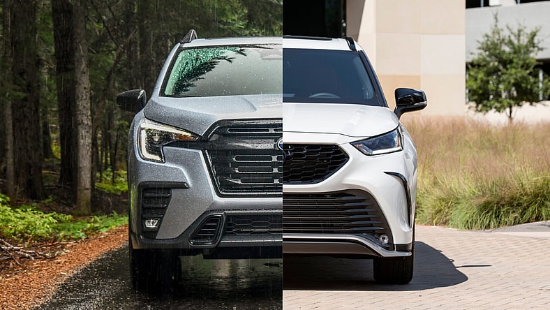 The Front Of The 2025 Subaru Ascent And Toyota Highlander